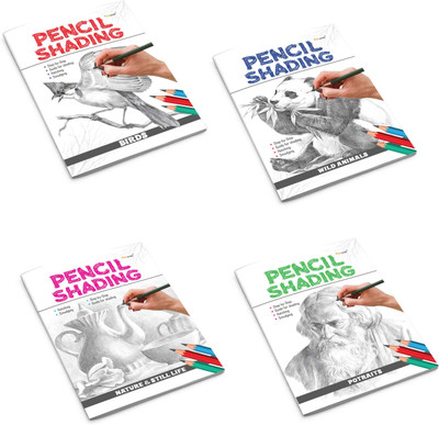 Pencil Shading - Birds, Wild Animals, Nature & Still Life And Portraits : Sketching Activities For Beginners, Flowers And Trees Shading Book For Kids | Pack Of 4 Pencil Shading Activity Books(Paperback, GOWOO)