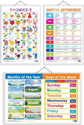 Gift Pack Of 3 MATHS KEYWORDS, MONTHS OF THE YEAR AND DAYS OF THE WEEK And PHONICS - 2 Charts | Wall Posters For Room Decor High Quality Paper Print With Hard Lamination (20 Inch X 30 Inch, Rolled)(Hardcover, Sahil)