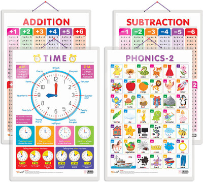 GO WOO Pack of 4 TIME, SUBTRACTION, ADDITION and PHONICS - 2 Charts(Green)