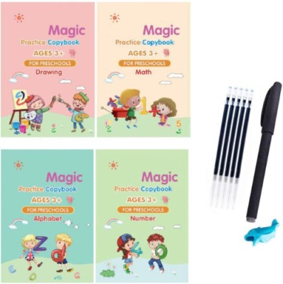 Sank Magic Practice Copybook, Number Tracing Book For Preschoolers With Pen, Magic Calligraphy Copybook Set Practical Reusable Writing Tool Simple Hand Lettering (4 Books + 10 Refills)(spiral, children's lover)