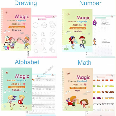 Sank Magic Practice Copy Book For Pre-School Kids, Re-Usable Drawing, Alphabet, Numbers And Math Exercise Notebook, English Magic Book For Children (4 X Books,9 Refill,1 X Pen,1 X Grip)(Spiral, Kidz Play Zone)