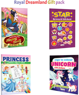 Sleeping Beauty - Golden Fairy Tales, Copy To Colour Unicorn With Stickers And More :- Fairy Tale Story, Princess Colouring And Unicorn Sticker Activity | Combo Of 4 Books(Paperback, GOWOO)