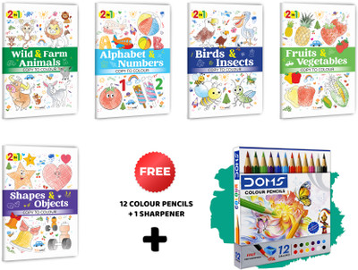 2 In 1 Copy To Colour - Alphabet & Numbers, Birds & Insects, Fruits & Vegetables And More With 12 Colour Pencils + 1 Sharpener :- Big Creative Kids Bundle, Colourful Theme Variety | Pack Of 5 Books(Paperback, GOWOO)