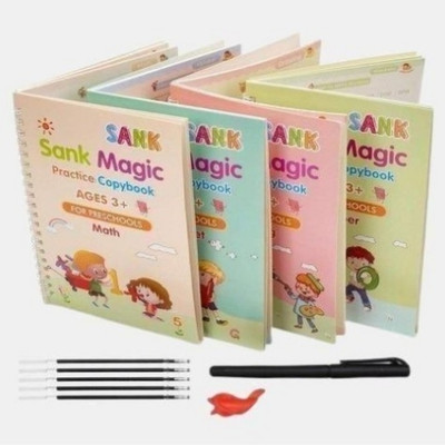 Sank Magic Practice Copybook (4 Books + 1 Pen + 1 Grip + 10 Refills) | Reusable Calligraphy & Cursive Writing Book Set For Kids | Number Tracing & Handwriting Practice Copybook For Preschool Learning (Paperback)(Spiral, China)