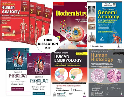 M.B.B.S 1ST Year Set With Free Dissection Kit {1 Human Anatomy (BD Chaurasia) + 1 General Anatomy (V. Saubhdra Devi) + 1 Biochemistry (U. Satyanarayan) + 1 Physiology (A.K JAIN) + 1 Human Histology (Inderbir Singh) + 1 Human Embryology (Inderbir Singh) + 1Dissection Kit }(Paperback, BD CHAURASIA, V M.B.B.S 1ST Year Set With Free Dissection Kit {1 Human Anatomy (BD Chaurasia) + 1 General Anatomy (V. Saubhdra Devi) + 1 Biochemistry (U. Satyanarayan) + 1 Physiology (A.K JAIN) + 1 Human Histology (Inderbir Singh) + 1 Human Embryology (Inderbir Singh) + 1Dissection Kit }(Paperback, BD CHAURASIA, V