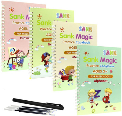 Sank Magic Copybook, Magic Calligraphy Set Of Practice Number Tracing Reusable Writing Books For Kids Learn With Magic. ( 4 Books + 1Pen+10 Refill + 1 Grip)(Spiral, Sank Book)