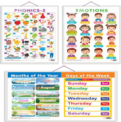 Gift Pack Of 3 MONTHS OF THE YEAR AND DAYS OF THE WEEK, EMOTIONS And PHONICS - 2 Charts | Wall Posters For Room Decor High Quality Paper Print With Hard Lamination (20 Inch X 30 Inch, Rolled)(Hardcover, Sahil)