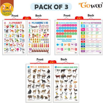 Gift Pack Of 3 |32 IN 1 ALPHABET AND NUMBER 1-10, 2 IN 1 NUMBER & FRACTIONS AND MATHS KEYWORDS And 2 IN 1 WILD AND FARM ANIMALS & PETS Charts | Wall Posters For Room Decor High Quality Paper Print With Hard Lamination (20 Inch X 30 Inch, Rolled)(Hardcover, Sahil)