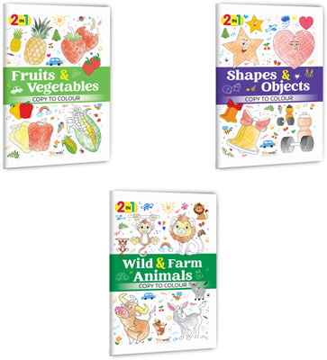 2 In 1 Copy To Colour - Fruits & Vegetables, Shapes & Objects And Wild & Farm Animals :- Colourful Activity Collection, Mixed Theme Copy Colouring, Enjoyable Pastime For Kids | Pack Of 3 Books(Paperback, GOWOO)