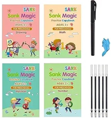 Sank Magic Practice Copybook, Number Tracing Book For Preschoolers With Pen, Magic Calligraphy Copybook Set Practical Reusable Writing Tool Simple Hand Lettering (4 Books + 10 Refills)(hardcover, spiral, Generic)