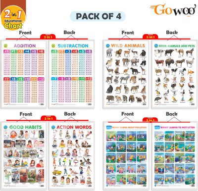 Gift Pack Of 4 | 2 IN 1 WILD AND FARM ANIMALS & PETS, 2 IN 1 GOOD HABITS AND ACTION WORDS, 2 IN 1 ADDITION AND SUBTRACTION And 2 IN 1 BENNY LEARNS ABOUT POLLUTION AND BENNY LEARNS NOT TO LITTER Charts | Wall Posters For Room Decor High Quality Paper Print With Hard Lamination (20 Inch X 30 Inch, Rol