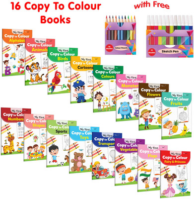 My First Copy To Colour - Alphabet, Animals, Birds, Cartoons And More With 12 WATER COLOUR SKETCH PEN And 10 COLOUR PENCILS : Colour Recognition Books For Toddlers | Set Of 16 Copy To Colour Books(Paperback, GOWOO)