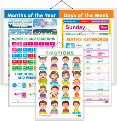GO WOO Packof4NUMBERS AND FRACTIONS, MATHS KEYWORDS, MONTHS OF THE YEAR&EMOTIONS Charts(White)