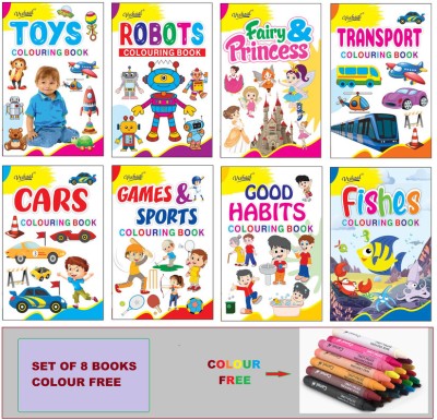 Set Of 8 Colouring Books Games And Sports, Fishes, Fairy And Princess, Good Habits, Cars, Toys, Transport, Good Habits, Robots, Colour Books For Kids (Mom Colour Free |Size 22X15X1 Cm)(Paperback, BMOS (Book Market Online Store))