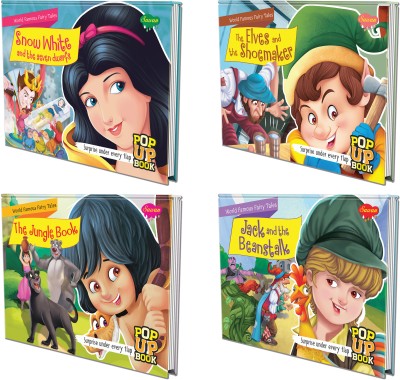 Set Of 4 POP UP Books World Famous Fairy Tales | Snow White & The Seven Dwarfs , The Elves & The Shoemaker ,The Jungle Book And Jack And The Beanstalk| Enchanting Tales: From Snow White To Jungle Adventures(Hardcover, SAWAN)