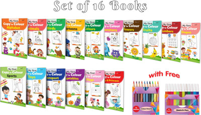 My First Copy To Colour - Alphabet, Animals, Birds, Cartoons And More With 12 WATER COLOUR SKETCH PEN And 10 COLOUR PENCILS : Early Learning Colouring Book | Pack Of 16 Copy To Colour Books(Paperback, GOWOO)