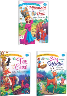 Set Of 3 Books | World Famous Aesop's Fables : The Milkmaid And Her Pail & The Fox And The Goat, The Fox And The Crow & The Fox, The Cock And The Dog And The Stag And His Reflection & The Goose That Laid Golden Eggs(Paperback, Manoj Publications)