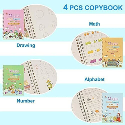 Magic Practice Copybook, (4 BOOK + 10 REFILL+ 1 Pen +1 Grip) Number Tracing, Sank Magic Practice Copy Books For Kids(Hardcover : Spiral, Onshhm)