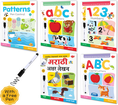 Set Of 5 Unlimited Writing Practice Book - Capital Letters, Small Letters, Numbers, Patterns & मराठी अक्षर लेखन:A Complete Combo For Unlocking Kid's Potential(Paperback, Sawan)