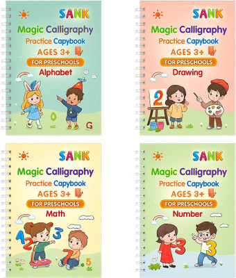 Magic Calligraphy Practice Copybook Set | Reusable Handwriting Workbook For Kids Age 3+ | Alphabet, Numbers, Drawing & Math With Magic Pen & Refills(hardcover spiral bound, sank)