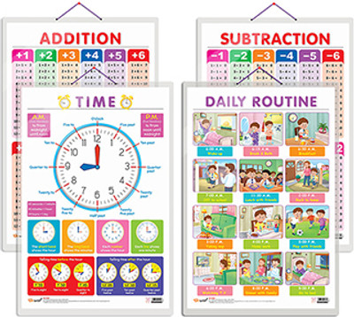 GO WOO Pack of 4 TIME, SUBTRACTION, ADDITION and DAILY ROUTINE Charts(Brown)