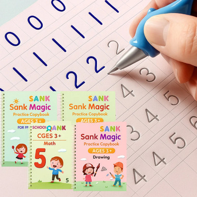 Magic Practice Copybook Set – Reusable Handwriting Books For Kids – 4 Books + 1 Pen +10 Refills + 1 Grip – Number Tracing & Calligraphy For Preschool Learning(Hardcover : Spiral, SANK)