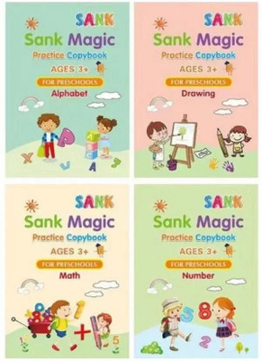 Sank Magic Practice Copybook Ages 3+for Preschoolers, Number Tracing Book, Magic Calligraphy Copybook Set Practical Reusable Writing Tool Simple Hand Lettering (4 Books + 8 Refill)(SPIRAL, China Based)