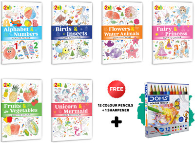 2 In 1 Copy To Colour - Alphabet & Numbers, Birds & Insects And More With 12 Colour Pencils + 1 Sharpener :- Fantasy Plus Nature Bundle, Engaging Colouring Fun | Set Of 6 Books(Paperback, GOWOO)