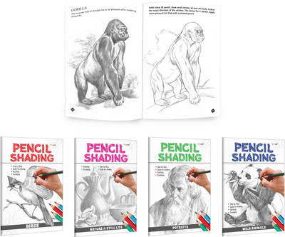 Pencil Shading - Birds, Wild Animals, Nature & Still Life And Portraits : Pencil Shading Book For Children, Shading Book For Early Learners | Pack Of 4 Pencil Shading Activity Books(Paperback, GOWOO)