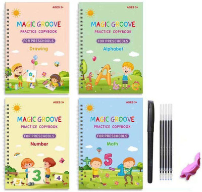 Magic Book For Children Magic Practice Book
Drawing Book For Kids, 4 Books 1 Pen 1 Hand Grip 10 Refill, Self Deleting Reusable Practice Copybook Alphabets Writing For Kids Age 3+(Hardcore papper, Generic)