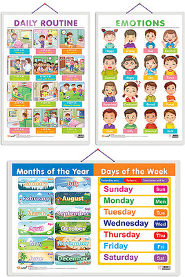 GO WOO Packof3MONTHS OF THE YEAR AND DAYS OF THEWEEK, EMOTIONS and DAILY ROUTINE charts(Green)