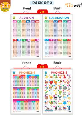GO WOO Packof2|2IN 1ADDITION&SUBTRACTION and 2 IN 1 PHONICS 1 AND PHONICS 2Charts(Gold)