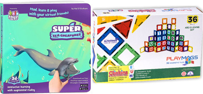 Combo Holo Toyz Super Sea Creatures Augmented Reality Interactive Book Fun Learning -(Pack Of 1) (Multicolor) And Playmags Magnetic Tile Building Set: Exclusive Educational Clickins 36-Pc. Kit: 18 Super Strong Clear Color Magnet Tiles Windows & 18 Letters & Numbers Stimulate Creativity & Brain Devel