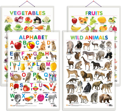 GO WOO Pack of 4 Alphabet, Fruits, Vegetable and Wild Animals charts(Brown)