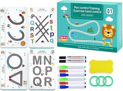 64-Pages Magic Practice Reusable Tracing Workbook Set, Handwriting & Pen Control For Kids(4 ring, blue)