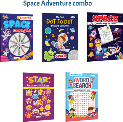 Endless Space Colouring Book With Crayons, My First Dot To Dot Sticker & Colour Fun - Space And More :- Space Adventure Colouring, Word Search Activity With Rewards | Combo Of 5 Books(Paperback, GOWOO)