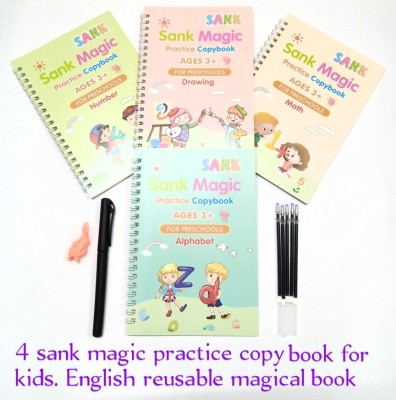Magic Book Lunavisor SANK Re-Usable MAGIC BOOK Magical Handwriting Workbooks Practice Copybook For Pre-School Kids, (4 BOOK + 1 Pen + 10 REFILL) Number Tracing Book, Drawing, Alphabet And Math Exercise For Preschoolers With Pen, English Magic Books For Kids Reusable Writing Magic Calligraphy Copyboo