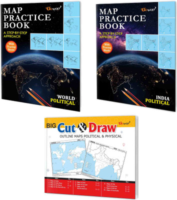 INDIA POLITICAL - MAP PRACTICE BOOK, WORLD POLITICAL - MAP PRACTICE BOOK And BIG CUT & DRAW OUTLINE MAPS POLITICAL & PHYSICAL | Combo Of 3 Maps Books(Paperback, GOWOO)