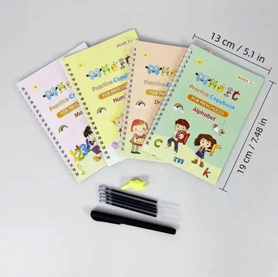 Sank Magic Reusable Practice Copybook Set Of 4 – Alphabet, Numbers, Drawing & Math Tracing Books For Kids (Ages 3–8) Includes Pen, Grip & 10 Refills Early Learning Handwriting Kit(Hardcover : Spiral, sank)