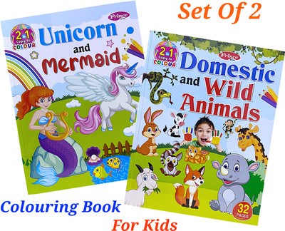 Colouring Book Set For Kids | Unicorn And Mermaid + Domestic And Wild Animals(Paperback, AP SINHA)