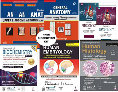 M.B.B.S 1ST Year Set With Free Dissection Kit {1 Human Anatomy (Vishram Singh) + 1 General Anatomy ( Vishram Singh) + 1 Biochemistry (D M Vasudevan) + 1 Physiology (A.k Jain) + 1 Human Histology (Inderbir Singh) + 1 Human Embryology (Inderbir Singh) + + 1Dissection Kit }(Paperback, ALL AUTHORS) M.B.B.S 1ST Year Set With Free Dissection Kit {1 Human Anatomy (Vishram Singh) + 1 General Anatomy ( Vishram Singh) + 1 Biochemistry (D M Vasudevan) + 1 Physiology (A.k Jain) + 1 Human Histology (Inderbir Singh) + 1 Human Embryology (Inderbir Singh) + + 1Dissection Kit }(Paperback, ALL AUTHORS)
