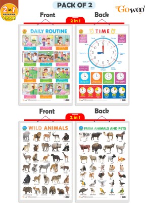GO WOO Packof2|2IN1 DAILY ROUTINE AND TIME and 2 IN 1 WILD AND FARMANIMALS&PETSCharts(Red)