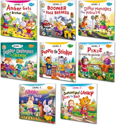 Sawan Present Set Of 8 Story Books | Level-3 | Amber Gets A Brother, Boomer, The Rule Breaker, Daisy Manages The House, Pepper Undergoes A Change, Peppin The Stinker, Pixie,The Good Neighbour, Nibbles And The Carrot Thief And Overcofident Lanky Loses The Race(Pin Binding, Manoj Publications Editoria