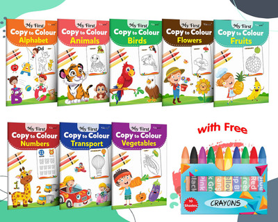 My First Copy To Colour - Alphabet, Animals, Birds, Flowers And More With 10 WAX CRAYONS : Fun With Colours Book For Kids, Colouring Book Set For Children | Pack Of 8 Copy To Colour Books(Paperback, GOWOO)