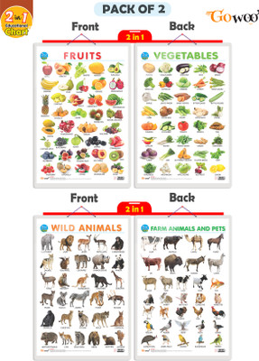 GO WOO Packof2|2 IN 1 FRUIITS&VEGETABLES&WILD AND FARM ANIMALS&PETSCharts(Grey)