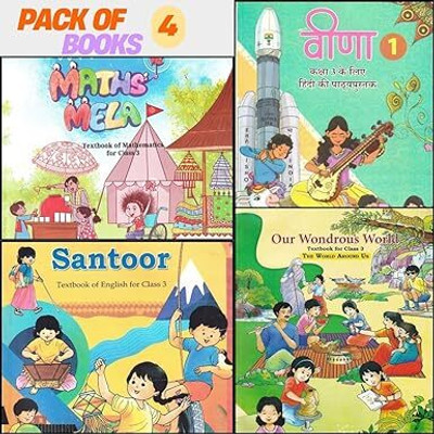 ORIGINAL NCERT Class - 03 Textbook's | Mathematics - Maths Mela, Hindi - Veena, English - Santoor, EVS & Our Wondrous World | Pack Of 04 Book's | Updated 2024-2025 Edition Paperback(Paperback, NCERT)