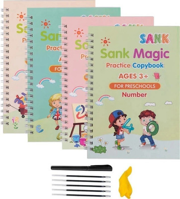 Manogyam Magic Practice Copybook For Kids - Handwriting Practice For Kids, Reusable Children's Calligraphy Letter Tracing - Early Education Writing Practice Book - Sank Letters (4 Books With Pens)(Paperback, Manogyam)