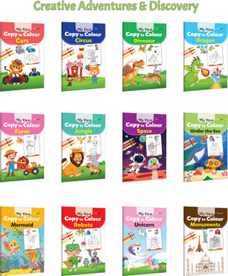 My First Copy To Colour - Cars, Circus, Dinosaur And More :- Adventure Vehicles Colouring, Kids Fun Pack, Ocean And Jungle Themes, Creative Preschool Combo | Pack Of 12 Books(Paperback, GOWOO)