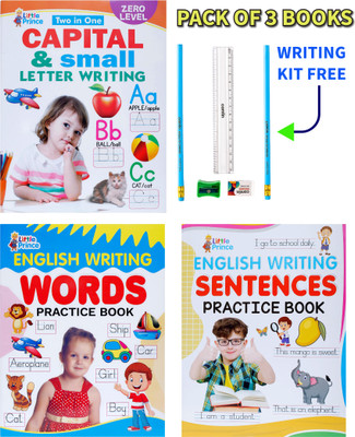 Set Of 3 English Writing Practice Books For Kids – Capital & Small Letters, Words, And Sentences | Free Writing Kit Included(Paperback, AP SINHA)