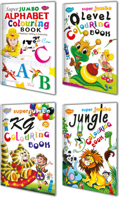 Super Jumbo Colouring Book | Big Size | Set Of 4 Books | Jungle, Alphabet (Writing, Reading And Colouring), '0' Level And KG Colouring(Paperback, Manoj Publications Editorial Board)